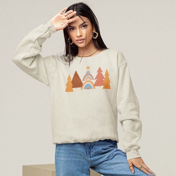 Boho Retro Pastel Christmas Tree Rainbow Sweatshirt - Picture 1 of 4